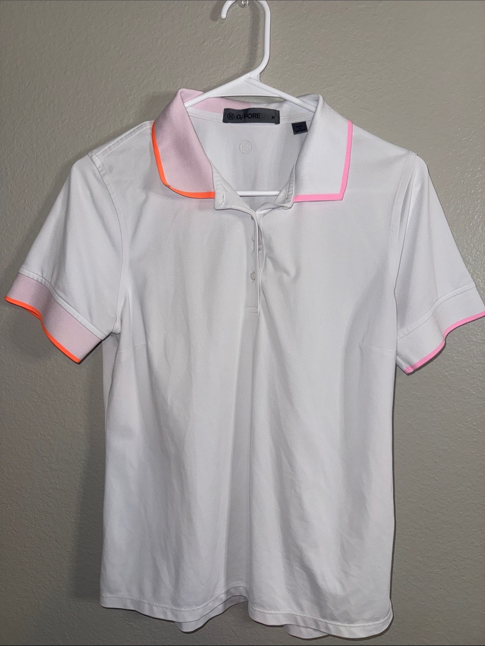 G/FORE White Polo with Pink and Neon Orange Trim
